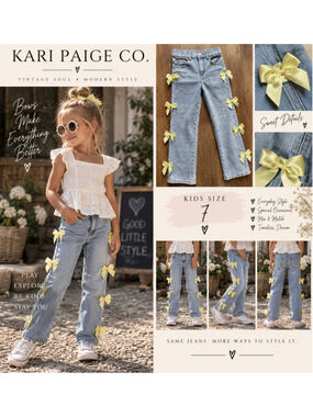 Girls Gogo Star Jeans Size 7 Blue with Yellow Bows F26